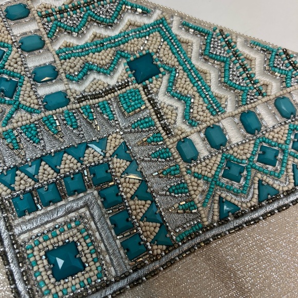 NWT Chico's Clutch Bag Beaded Embroidered Geometric Tassel Zipper Aqua Silver - Picture 5 of 11